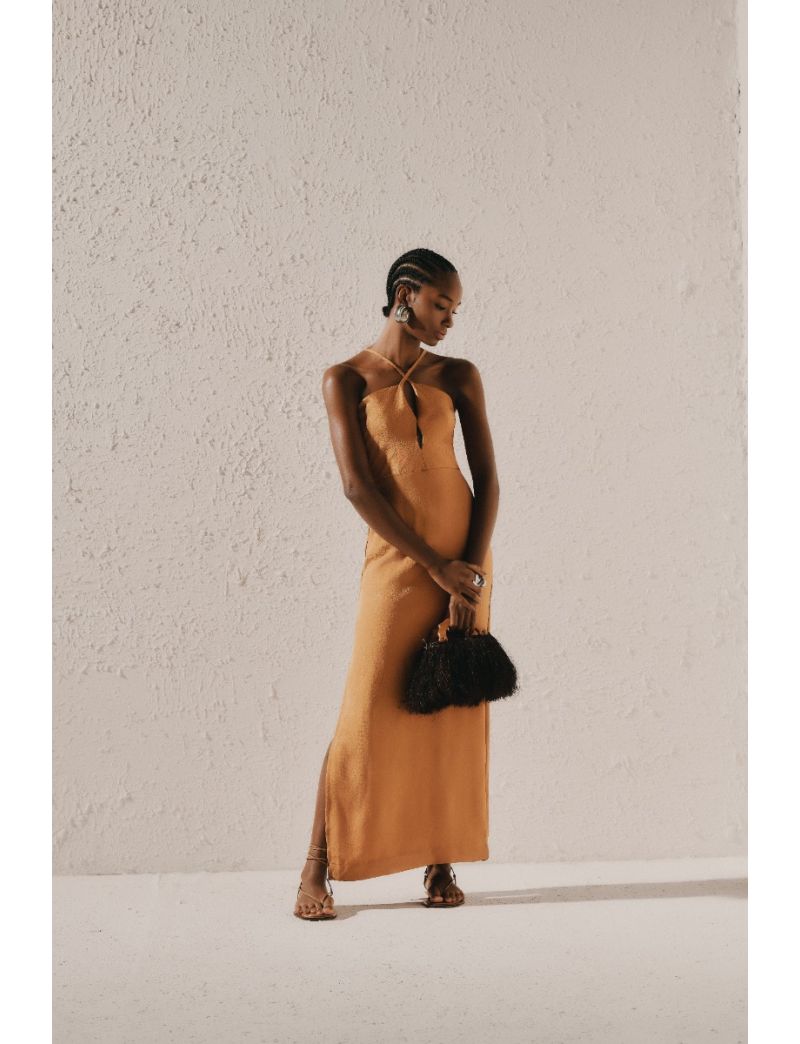 VESTIDO LONGO DECOTE EM ALÇA CRUZADA TECIDO SNAKE