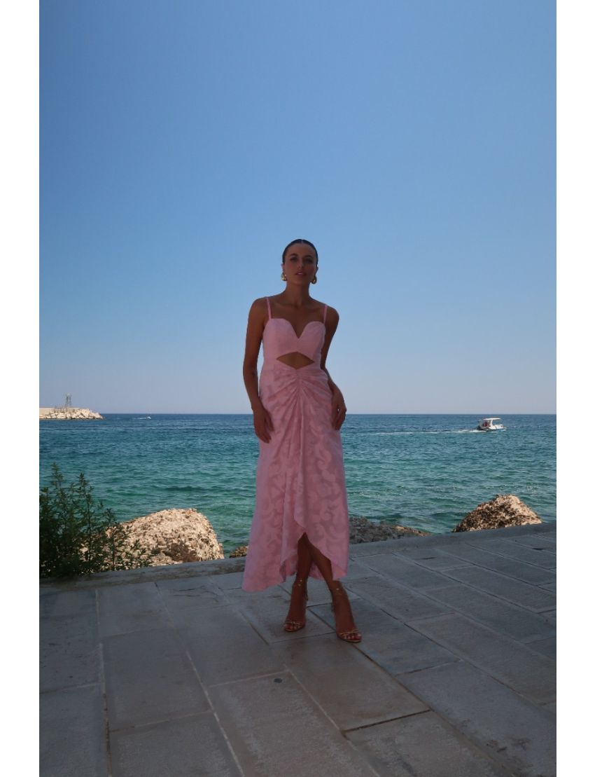 VESTIDO MIDI JAQUARD CUT OUT DECOTE CORAÇÃO FENDA FRANZIDA